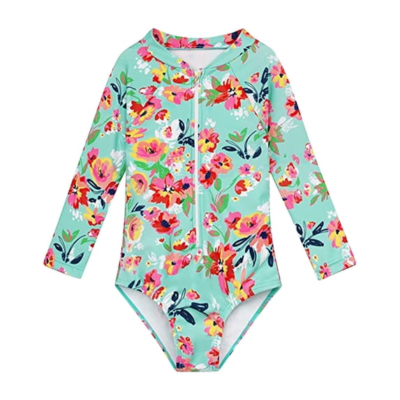 Yiyuu Girls One-Piece Swimsuit Beach Zipper Floral Long Sleeve Rash Guard Bathing Suit, Sizes 12M-7Y
