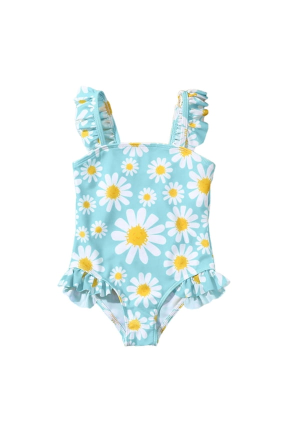 Girls One-Piece Swimsuit Sunflower Print Ruffle Bathing Suit Swimwear with UPF50+