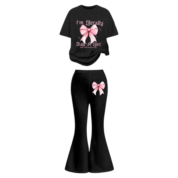 Yiyuu Girls Outfit Set Bow Print Short Sleeve T Shirt Flared Pants Casual 2Pcs Clothes Set