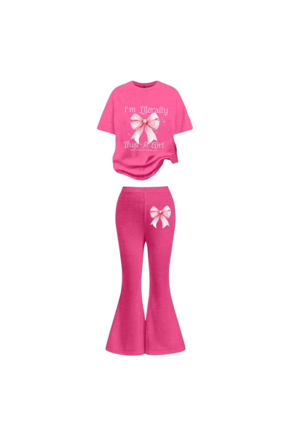 Girls Outfit Set Bow Print Short Sleeve T Shirt Flared Pants Casual 2Pcs Clothes Set