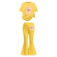 thumbnail image 1 of Yiyuu Girls Outfit Set Bow Print Short Sleeve T Shirt Flared Pants Casual 2Pcs Clothes Set, 1 of 5
