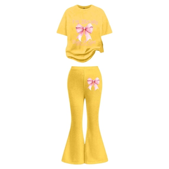 Yiyuu Girls Outfit Set Bow Print Short Sleeve T Shirt Flared Pants Casual 2Pcs Clothes Set
