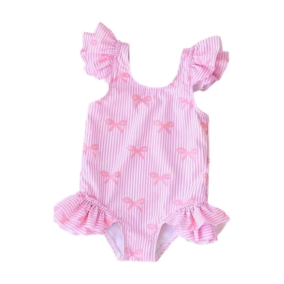 Yiyuu Girls Ruffle One-Piece Swimsuit Bow Print Striped Bathing Suit Swimwear for Kids