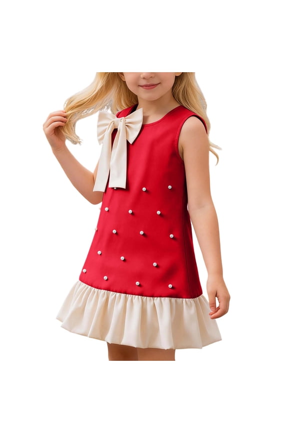 Girls Ruffle Ruffle Bow Tank Dress Casual Pearl Embellished Mini A-Line Dress, Sizes 2-7