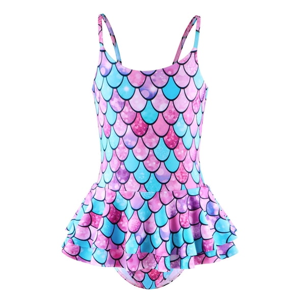 Yiyuu Girls Ruffled One-Piece Swimsuit Scale Print Strappy Backless Bathing Suit with UPF50+