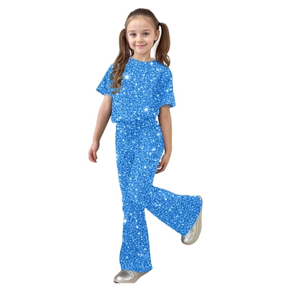 Yiyuu Girls Stylish Outfits Sequins Print Short Sleeve T-Shirt Flare Pants Set, Sizes 7-13