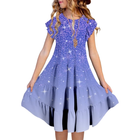 Yiyuu Girls Summer Gradient Ruffle Tiered Dress Casual Sequin A-Line Dress, Sizes 6-15