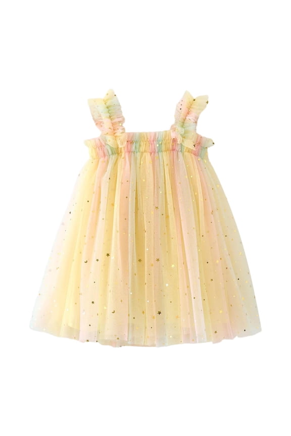 Girls Summer Gradient Sequin Tulle Tutu Tank Dress Ruffle Patchwork Color Dress, Sizes 12M-6Y