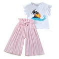 thumbnail image 1 of Yiyuu Girls Summer Outfits Casual Beach Ruffle Tropical Print Short Sleeve Tee Wide Leg Pants Set, 1 of 5