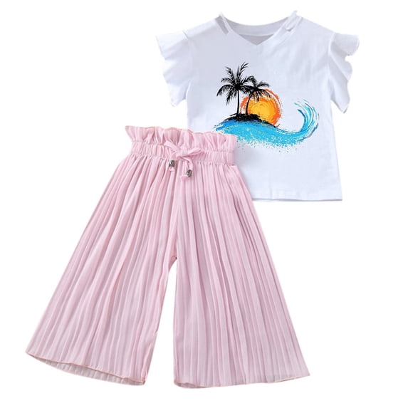 Yiyuu Girls Summer Outfits Casual Beach Ruffle Tropical Print Short Sleeve Tee Wide Leg Pants Set