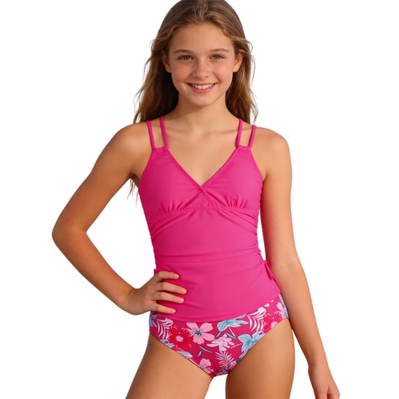 Yiyuu Girls Tankini Set Tropical Beach Swimsuit with Removable Pad, 2-Piece, Sizes 7-16