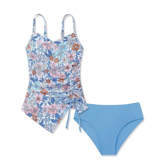 Yiyuu Girls Tankini Swimsuit Floral Print Side Drawstring UPF50+ Bathing Suit, Sizes 7-16
