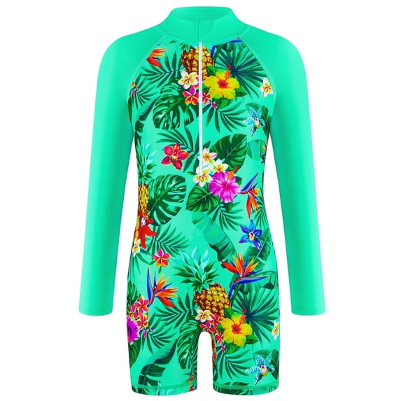 Yiyuu Girls Tropical Print Long Sleeve Rash Guard One-Piece Swimsuit UPF 50+ Bathing Suit