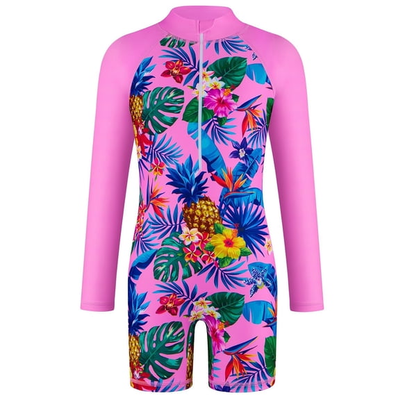 Yiyuu Girls Tropical Print Long Sleeve Rash Guard One-Piece Swimsuit UPF 50+ Bathing Suit