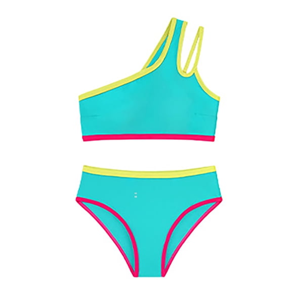 Yiyuu Girls Two Piece Swimsuits Beach One Shoulder Patchwork Color Bikini Set, Sizes 7-16