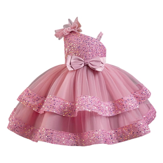 Yiyuu Girls formal Tiered One Shoulder Ball Gown Party Sequin Tulle Tutu Tank Dress, Sizes 12M-6Y