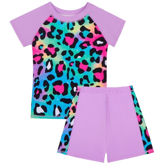 Yiyuu Girls's 2-Piece Swimsuit Scale Print Short Sleeve Rash Guard Shorts Bathing Suits, Sizes 4-12