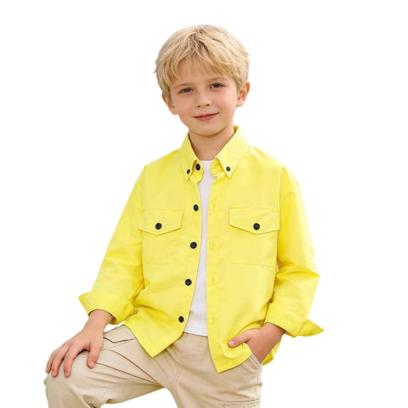 Yiyuu Little Boys Cotton Cargo Shirt Solid Long Sleeve Button Down Shirt, Sizes 4-12