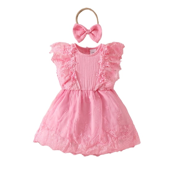 Yiyuu Newborn Girls Casual Party Ruffle Princess Sleeveless Dress Cute Lace Trim Knee-Length Dress