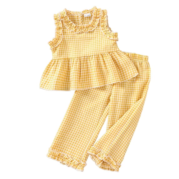 Yiyuu Summer Girls Outfits Cute Plaid Ruffles Peplum Tank Top and Shorts Set, Sizes 3-4
