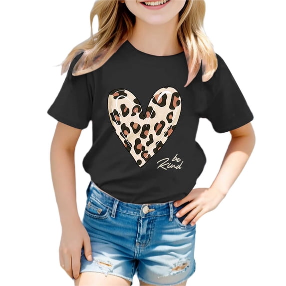 Yiyuu Toddler Girls Leopard Heart Print T-Shirt Casual Short Sleeve T Shirt, Sizes 3-13