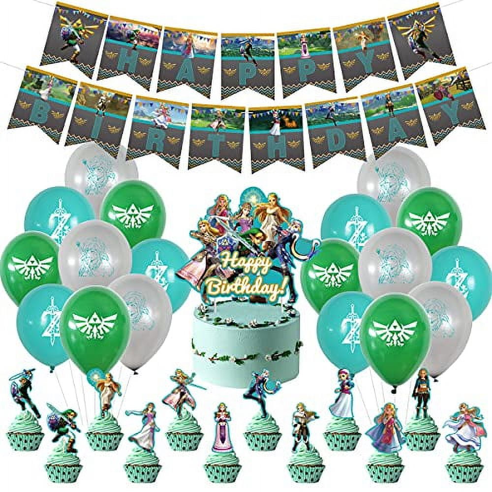 Yizeda Zelda Party Birthday Decorations, Zelda Party Supplies, Included 18  Pack Balloons, 1 Pack Banner,12 Pack Cupcake Topper Zelda Decorations for