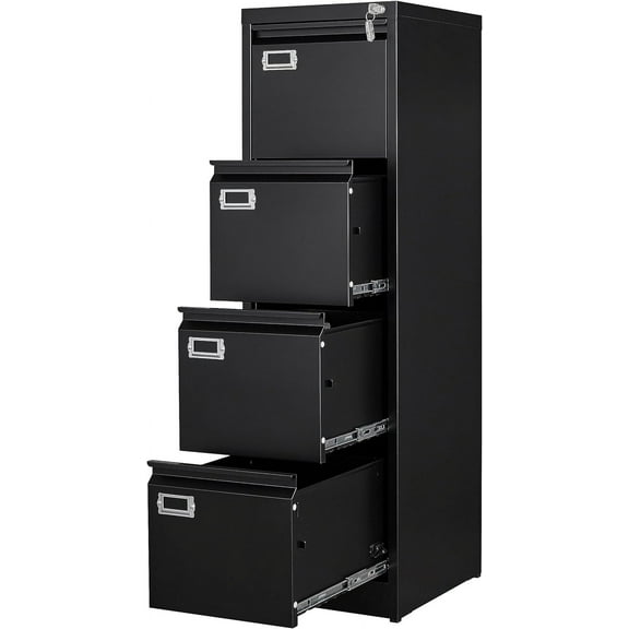 Yizosh 4 Drawer Black File Cabinet with Lock, Filing Cabinets for Home Office, Metal Locking Office File Storage Cabinets with Drawers, Vertical Small Filing Cabinet Organizer for Legal/A4