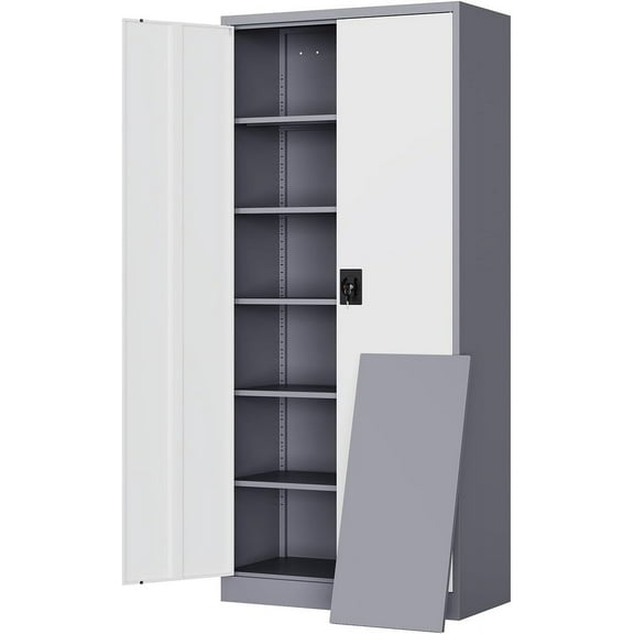 Yizosh Metal Garage Storage Cabinet with Lock, 71" Locking Tool Cabinet with 2 Doors and 5 Shelves, Tall Steel Cabinet for Garage, Heavy Duty File Cabinet for Office, School (Gray
