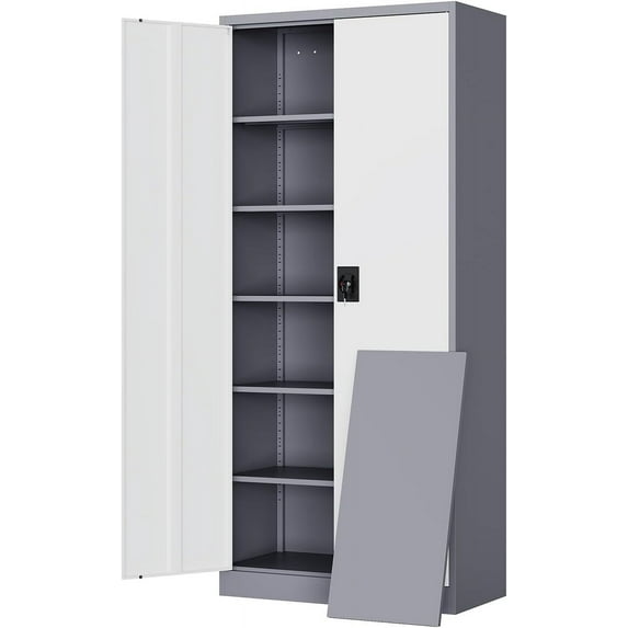 Yizosh Metal Garage Storage Cabinet with Lock, 72" Locking Tool Cabinet with 2 Doors and 5 Shelves, Tall Steel Cabinet for Garage, Heavy Duty File Cabinet for Office, School (Gray White)