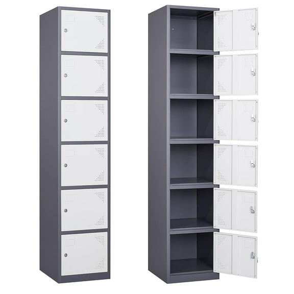 Yizosh Metal Locker with 6 Doors, Tall Steel Storage Lockers for Employees - 71" Locker Storage Cabinets for School, Gym, Home, Office, Garage (Grey White)