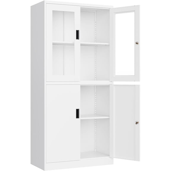 Yizosh Metal Storage Cabinet with Glass Doors - 71" Locking Display Cabinet with 2 Adjustable Shelves, 4-Tier Tall Steel Locker for Kitchen, Living Room, Dining Room (White)