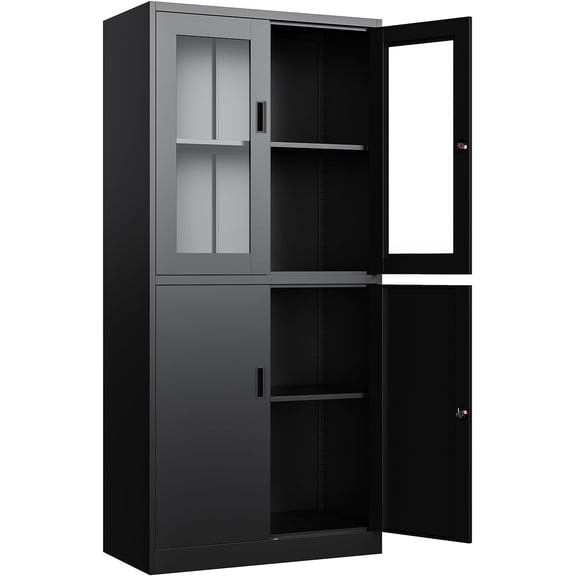 Yizosh Metal Storage Cabinet with Glass Doors - 71" Locking Display Cabinet with 2 Adjustable Shelves for Kitchen, Living Room,Dining Room (Black)