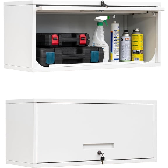 Yizosh Metal Wall Cabinet with Doors, Wall Mounted Storage Cabinet - Floating Tool Cabinet for Kitchen, Basement, Warehouse (White, 13.7" H)