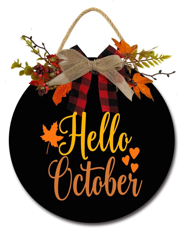 Yjiankangz 12 Inch Hello October Hanging Sign Wood Farmhouse Wall Art