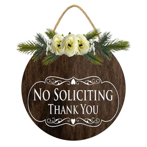 Yjiankangz Round 11 Inch No Soliciting Thank You Door Plaque Sign for Front Porch Door Rustic Farmhouse Style Hanging Welcome Porch Sign Spring Party Indoor Outdoor