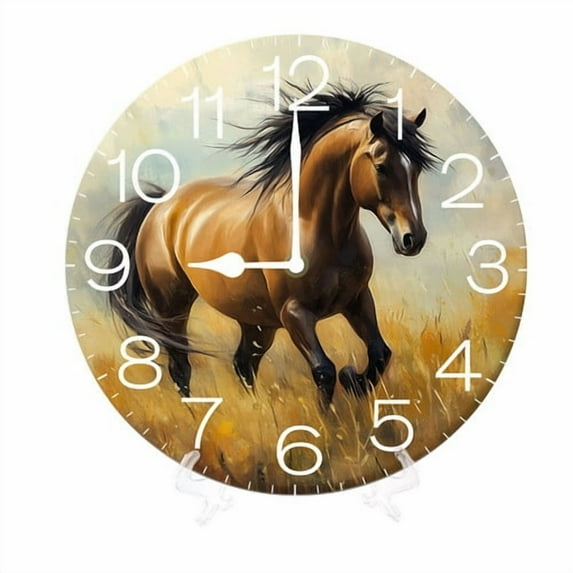 Yjiankangz Round Wall Clocks Horse and Field Wood Quartz Battery Operated Rustic Home Decor Handing Clocks for Living Room Kitchen Bedroom Bathroom Large Numbers Silent -10 Inch