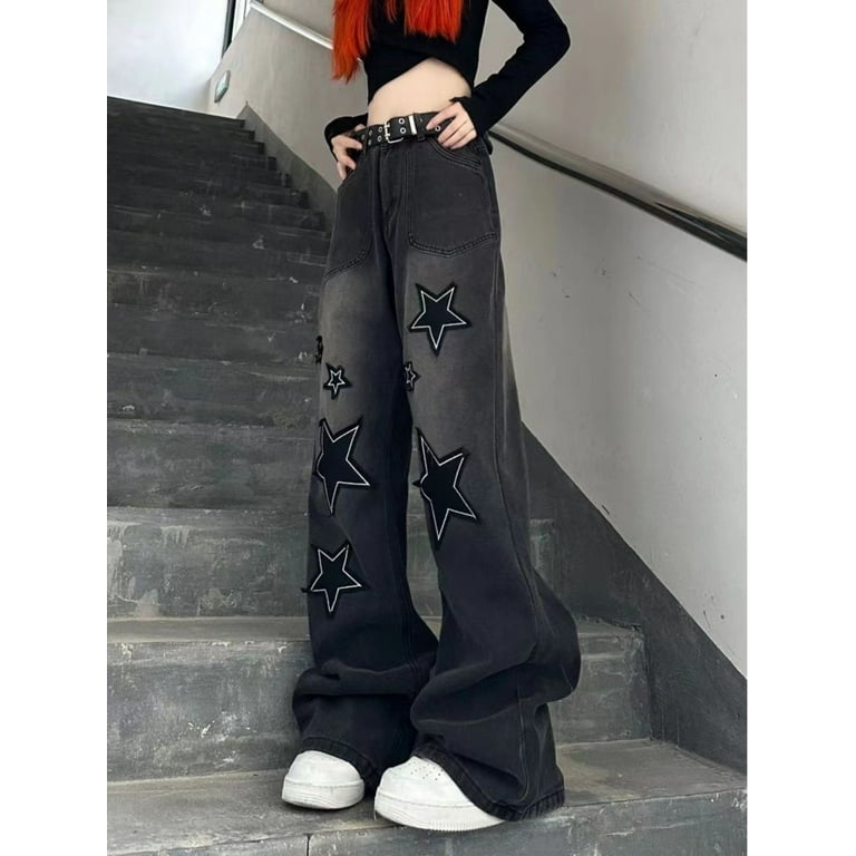 Yk2 Star Patch Black Baggy Jeans Women Straight Wide Leg Yk2 Star Patch Black Baggy Jeans Women Straight Wide Leg