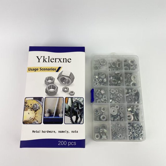 Yklerxne Metal hardware, namely, nuts,1/4-20 Hex Nuts, 304 Stainless Steel, Hex Drive, Nuts Fasteners, 1/4" Stainless Nuts Replacement Nut with Plastic Case - 200 pcs