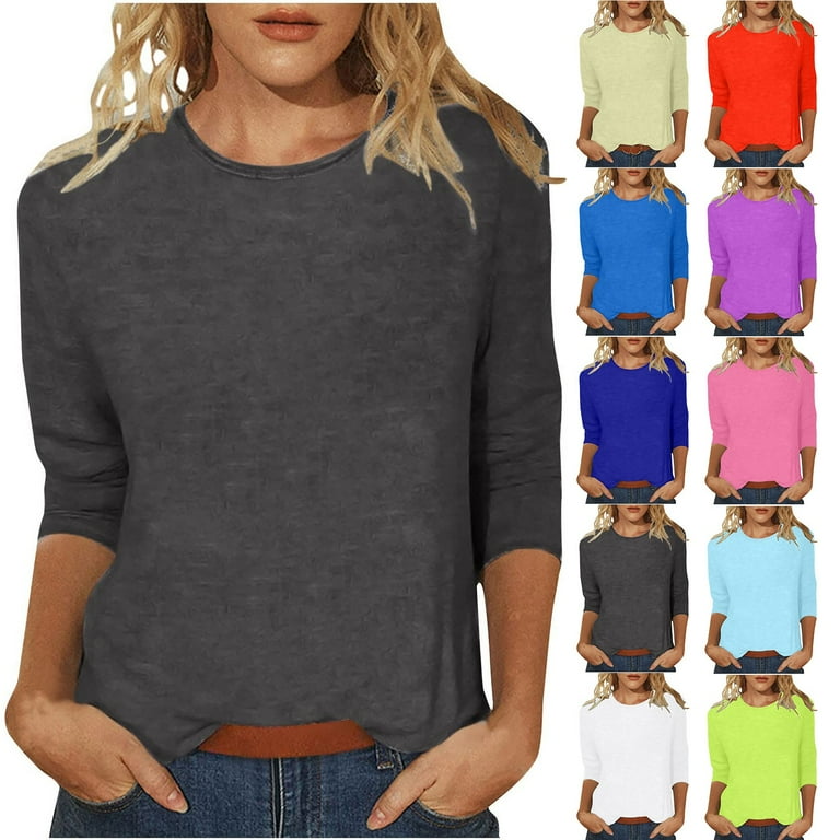 Ykohkofe 3 4 Length Sleeve Womens Tops Women s T Shirts Polyester Spandex Women s Solid Color Round Neck Slim Seven Point Sleeve T Shirt Top Plus Size Tops for Women 1Pc Top Blue 3XL