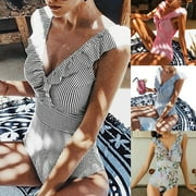 Ykohkofe Swimsuit for Women 2024 Rufflebutts One Piece Bikini Lined Up Double Up Swimming Suit Striped Printed Bathing Suit