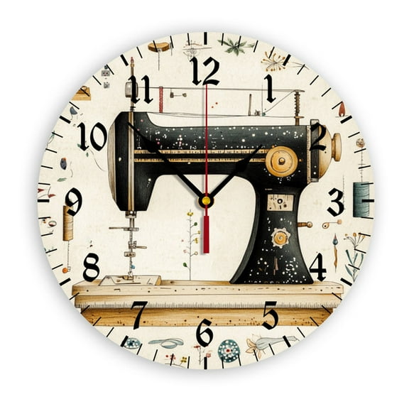 YladaFaie 10 Inch Sewing Room Clocks Sewing Machine Wall Clock Silent Round PVC Battery Operated Quartz Quiet Desk Clock Decorative Hanging Clock for Office Home Decor Wedding Birthday