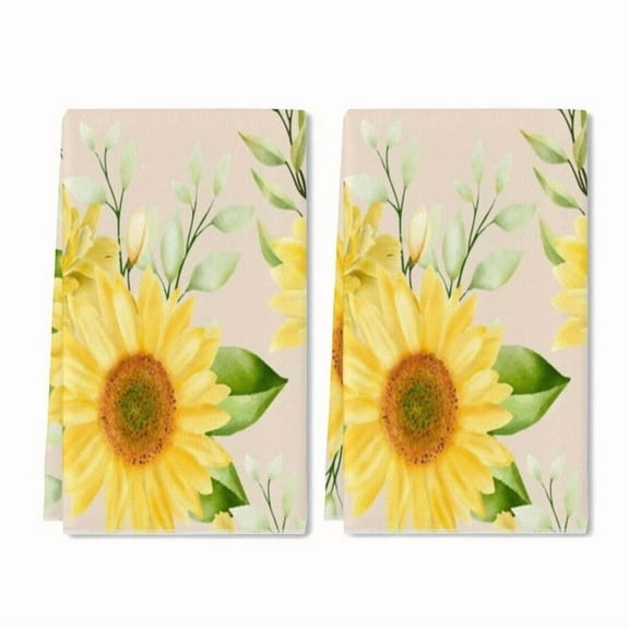YladaFaie 2 Pcs Elegant Sunflowers Pattern Kitchen Towel Set Terry Hand Towels Dish Towels for Kitchen Decorative Absorbent Flower Tea Towels for Bathroom, 16 x 24 Inches