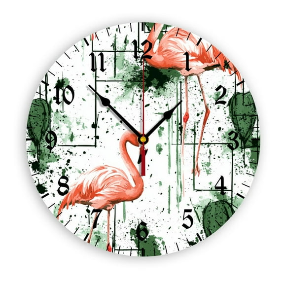 YladaFaie Bathroom 12 Inch Home Decor Clock,Flamingo Bird Tropical Round 12 Inch Vintage Wall Clocks Non Ticking Silent Clock Art Arabic Numerals Design for Living Room Kitchen Bedroom