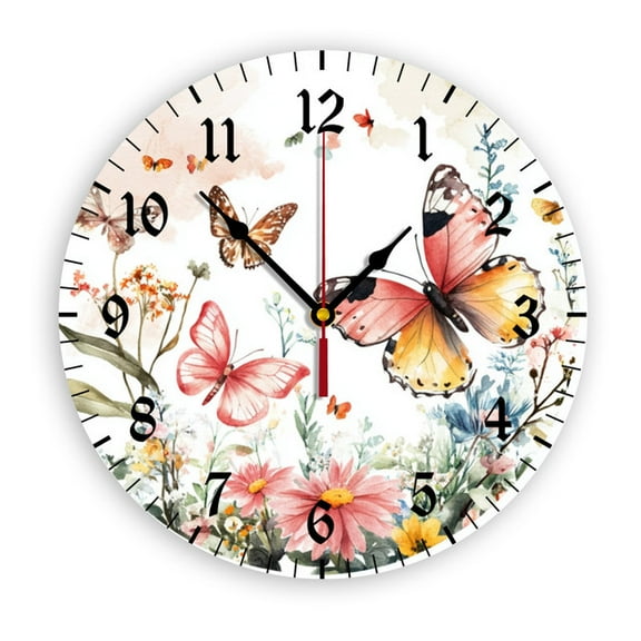 YladaFaie Butterfly Roses Wall Clock Silent Non-Ticking Kitchen Clock Desk Clock Battery Operated Quartz Analog Flower Wooden Decorative Round Clocks 10 in Garden Home Decor
