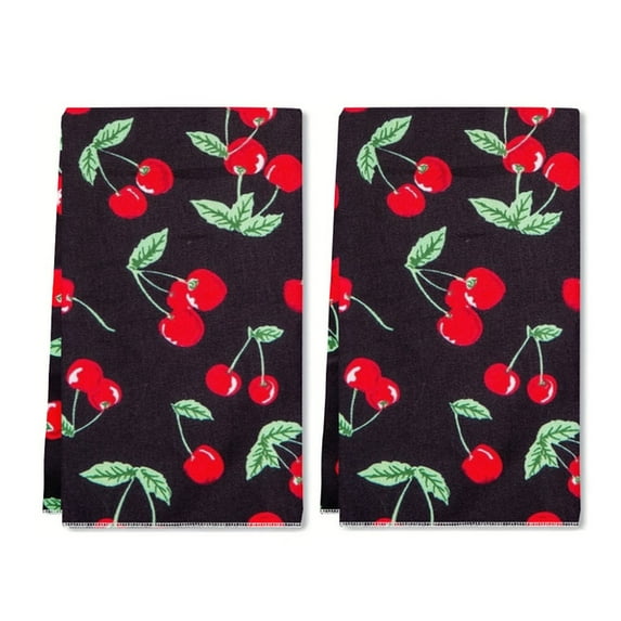 YladaFaie Cherry Pattern Kitchen Towels, 2 Pack Wreath Tea Dish Towels, Absorbent Drying Cloth Tea Towels for Cooking Baking, 16 x 24 Inch