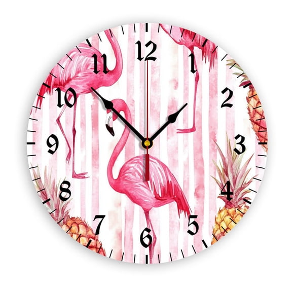 YladaFaie Flamingo Vintage Clock Non-Ticking Silent PVC Wall Clock,Tropical Fruit Wall Clock 10 Inch Clocks Round Battery Operated Quartz Analog Decorative Desk Clock for Living Room