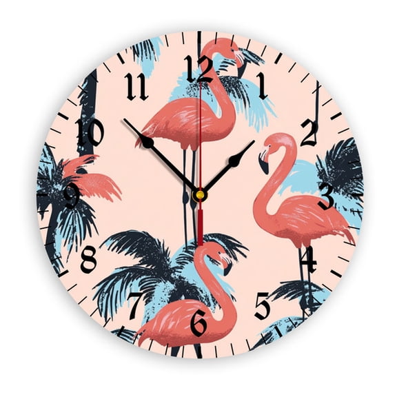 YladaFaie Flamingo Wall Clock, Silent Non Ticking Battery Operated Creative Decorative Round PVC Clock for Kitchen, Living Room, Bathroom, Home School Office Decor, 10 Inch