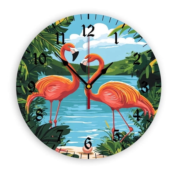 YladaFaie Flamingos Wall Clock for Bathroom,Tropical Palm Beach Wall Clocks Silent Non-Ticking Battery Operated Clocks 10 Inch,Desk Clock for Home Kitchen/Living Room/Bedroom/Bathroom/Office