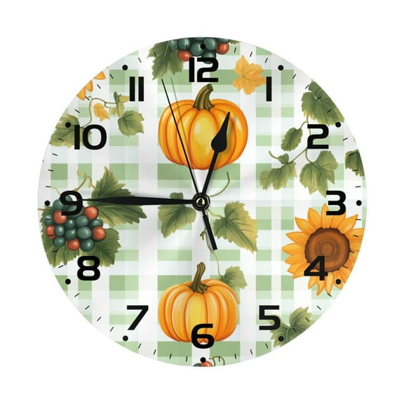 YladaFaie Pumpkin Grape Desk Clock Kitchen Decor Round Wall Clock 10 Inch Silent Non Ticking Battery Operated PVC Clock for Farmhouse Bedroom Bathroom Living Room, Kitchen,Office,School