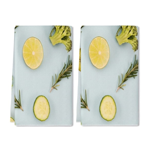YladaFaie Set of 2 Teal Kitchen Towels Green Veggies Fruit With Leaves Dish Towel Bathroom Decorative Rustic Cloths Tea Towels for Kitchen Bathroom Home Cooking Housewarming Gifts, 16 x 24 Inch